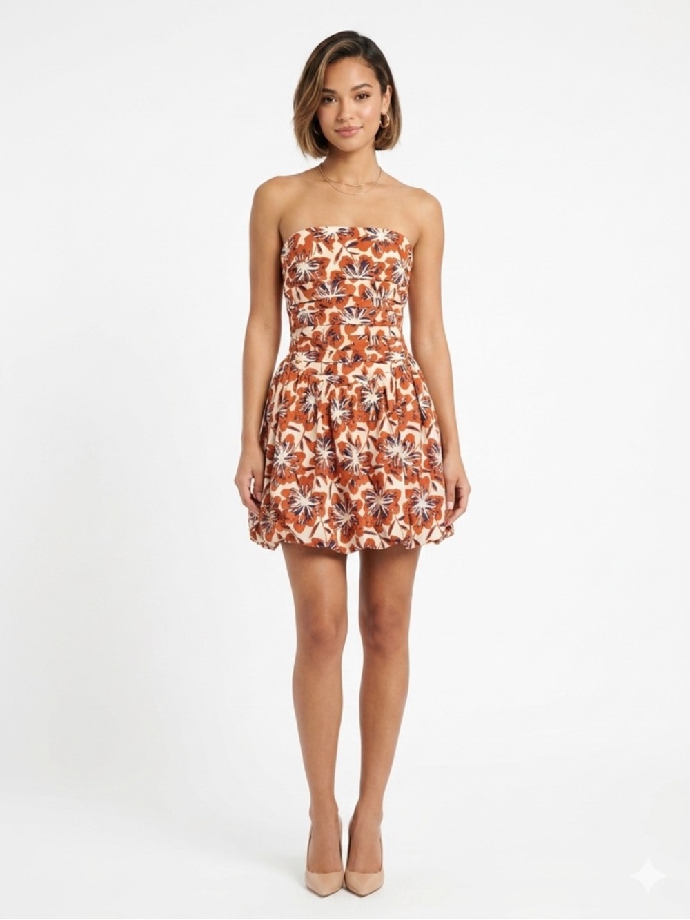 Floral Spaghetti-Strap A-Line Dress in Rust and Cream
